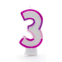 Pink APAC 6-pack number 3 party candles, decorative candles for celebrations, displayed with colorful flames.