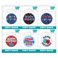 Six small birthday-themed badges from Tiger Feet featuring open designs, perfect for party decorations or gift ideas.