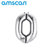 Silver 16-inch Anagram foil balloon shaped as the number 0, perfect for celebrations and party decor.