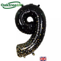 Oaktree 34-inch black and gold foil number 9 balloon, festive decoration with shiny metallic finish for celebrations