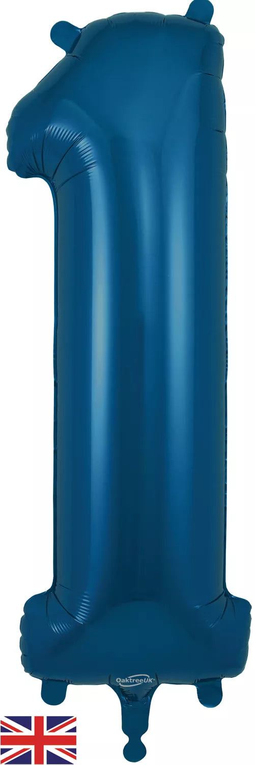 Oaktree navy blue foil balloon shaped as number 1, 34 inches tall, with a shiny metallic finish for celebrations.