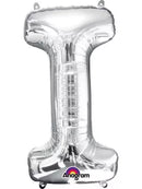 Silver 34-inch Anagram foil balloon in the shape of the letter I with a shiny metallic finish.
