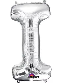 Silver 34-inch Anagram foil balloon in the shape of the letter I with a shiny metallic finish.