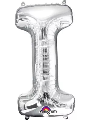 Silver 34-inch Anagram foil balloon in the shape of the letter I with a shiny metallic finish.