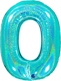 Grabo foil balloon in Tiffany blue with holographic glitter Number 0, 40-inch size, shiny foil finish, designed for celebrations