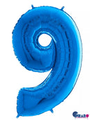 Blue Grabo foil balloon shaped as the number 9, measuring 26 inches, perfect for celebrations and party decor.