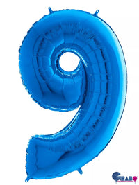 Blue Grabo foil balloon shaped as the number 9, measuring 26 inches, perfect for celebrations and party decor.
