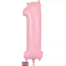 Oaktree matte pink foil balloon shaped as the number 1, measuring 34 inches tall, with a shiny surface and festive design.