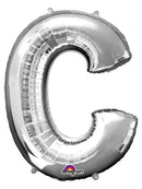 Silver 34-inch Anagram foil balloon in the shape of the letter C, ideal for celebrations and party decorations.