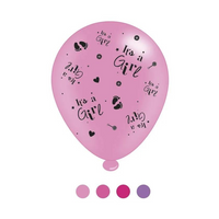 Eight 10-inch APAC latex balloons with "It's a Girl" printed design, assorted pastel colors, for celebrating a baby girl.