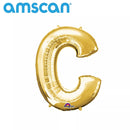 Gold 16-inch Anagram foil balloon shaped as the letter C, shiny metallic finish, perfect for celebrations and party decorations.