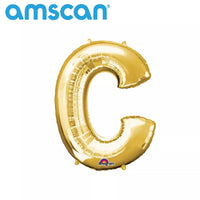 Gold 16-inch Anagram foil balloon shaped as the letter C, shiny metallic finish, perfect for celebrations and party decorations.