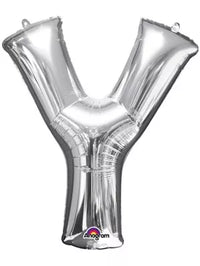 Silver 34-inch Anagram foil balloon in the shape of the letter Y, perfect for celebrations and decorative events.