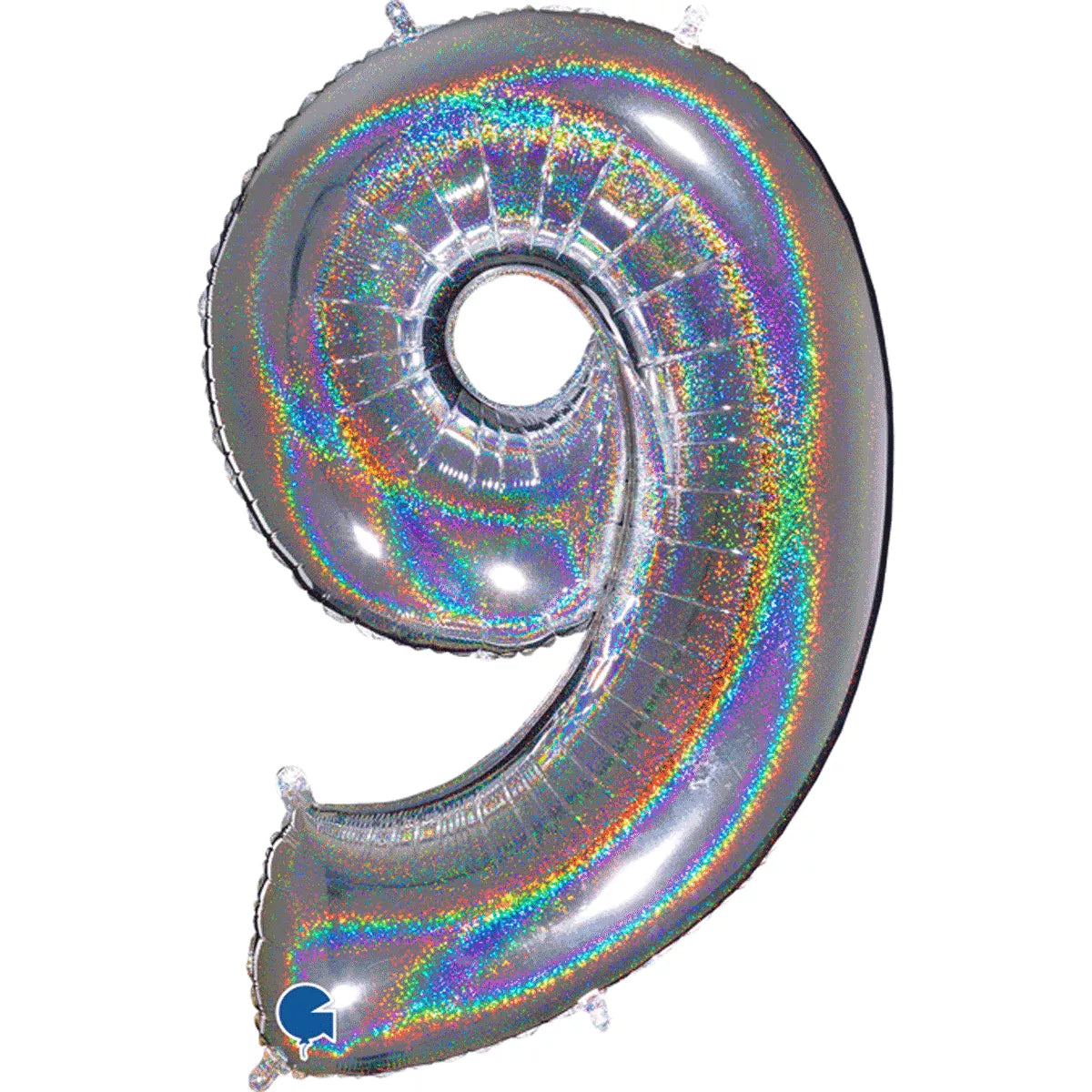 Silver Grabo foil balloon shaped as the number 9 with holographic glitter finish, 40 inches tall.