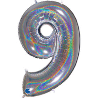 Silver Grabo foil balloon shaped as the number 9 with holographic glitter finish, 40 inches tall.