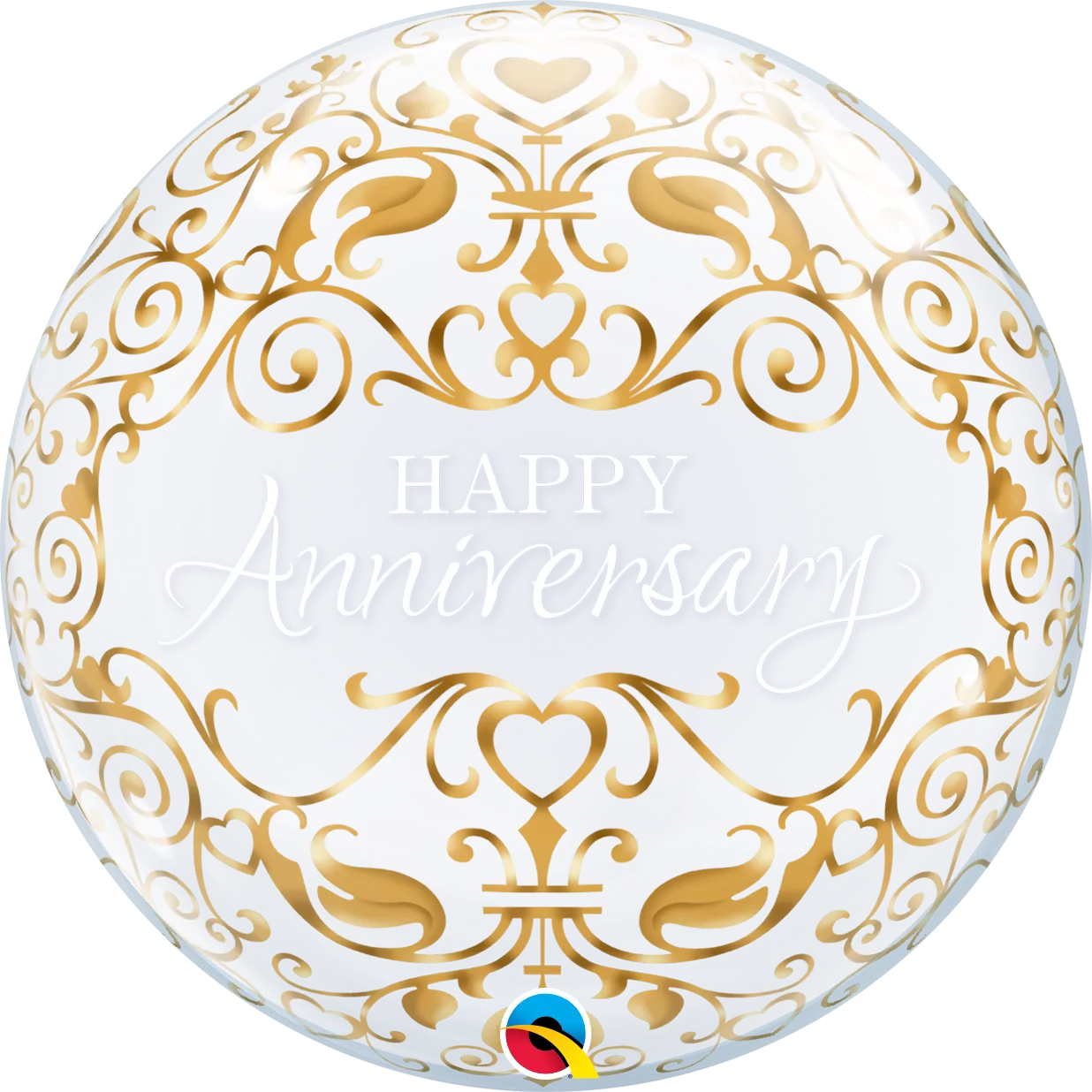 Qualatex Bubble Balloon Classic Anniversary 22-inch clear balloon with colorful anniversary designs, floating in the air.