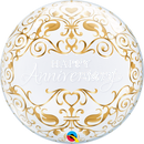 Qualatex Bubble Balloon Classic Anniversary 22-inch clear balloon with colorful anniversary designs, floating in the air.