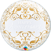 Qualatex Bubble Balloon Classic Anniversary 22-inch clear balloon with colorful anniversary designs, floating in the air.