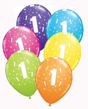 Age 1 Assorted Colour Latex 11" Balloons 6pk