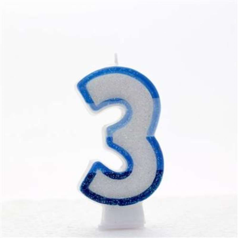 Six blue APAC party candles shaped as number 3, arranged on a surface for celebration or decoration.