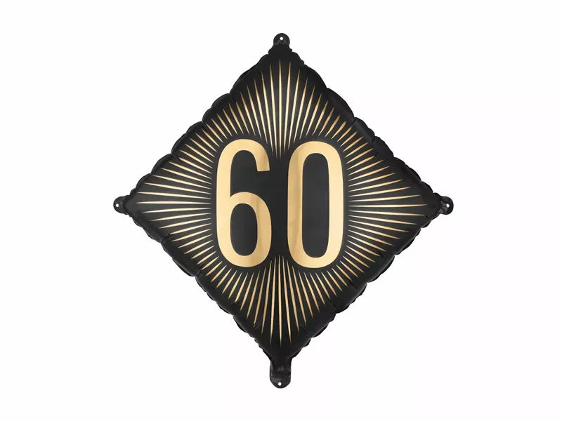 PartyDeco foil balloon celebrating 60th birthday with black and gold design, 18-inch age 60 foil balloon for special occasions