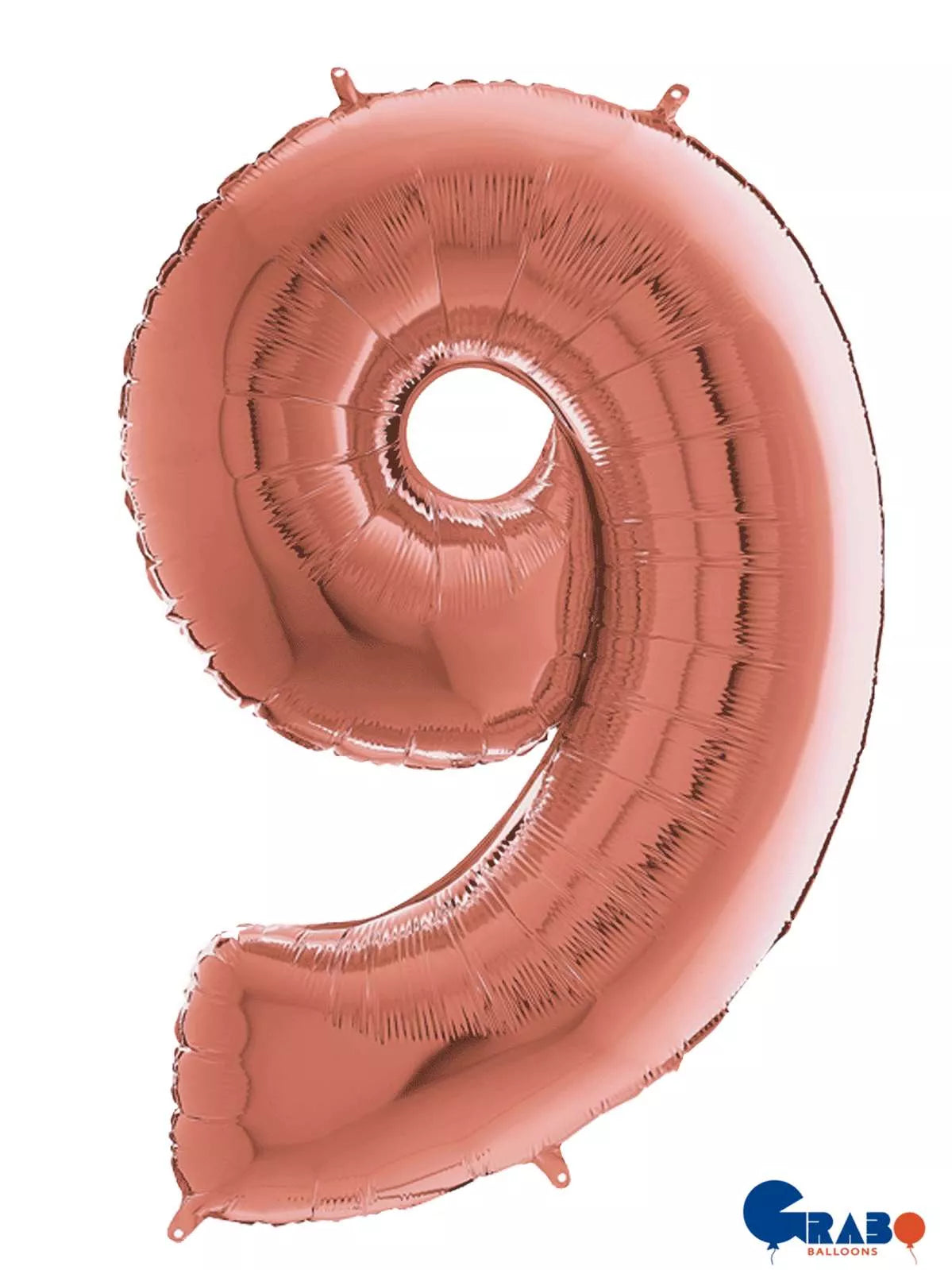 Grabo rose gold 26-inch foil balloon shaped as the number 9 with shiny metallic finish.