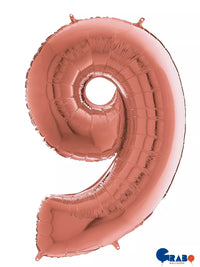 Grabo rose gold 26-inch foil balloon shaped as the number 9 with shiny metallic finish.