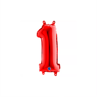 Red 14-inch Grabo foil balloon shaped as the number 1, shiny metallic finish, perfect for celebrations and parties.