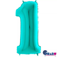 Grabo Tiffany blue foil balloon in the shape of the number 1, measuring 40 inches, perfect for celebrations and parties.
