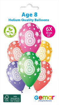 Six Gemar Cosmic Stars 13-inch latex printed balloons featuring colorful star designs for ages 8 and up.