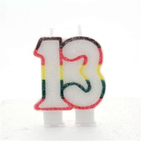 Multicoloured glitter APAC Party Candle Age 13, festive birthday candles with vibrant colors and sparkling decorative elements.