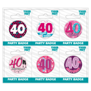 Six small birthday badges by Tiger Feet featuring the number 40, perfect for celebrating a 40th birthday event.