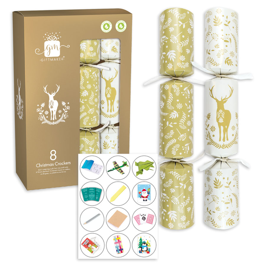 Eight cream and gold cracker party accessories from IG Design Group, 12-inch festive crackers for celebrations.