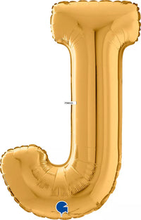 Gold Grabo foil balloon shaped as the letter J, 26 inches tall, featuring shiny metallic surface and festive design.