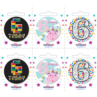 Set of six small APAC birthday badges featuring colorful designs for a 6th birthday celebration.