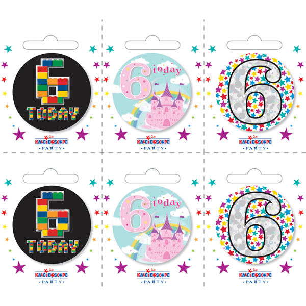 Set of six small APAC birthday badges featuring colorful designs for a 6th birthday celebration.