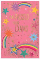Simon Elvin C50 Exams card pack featuring six colorful exam-themed cards with motivational messages and illustrations.