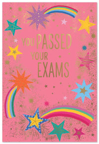 Simon Elvin C50 Exams card pack featuring six colorful exam-themed cards with motivational messages and illustrations.