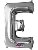 Silver 34-inch Anagram foil balloon shaped like the letter E, shiny metallic finish, floating against a plain background.