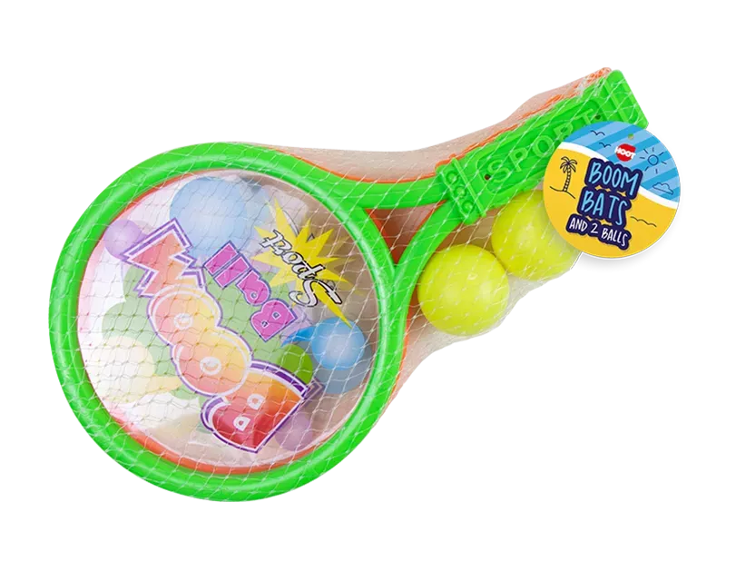 Gem Imports Boom Bat toy rackets with two balls, colorful plastic handles, and a fun outdoor game set for kids.