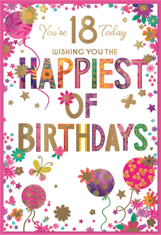 Simon Elvin C50 birthday cards featuring the number 18, set of six colorful greeting cards for celebrating ages.