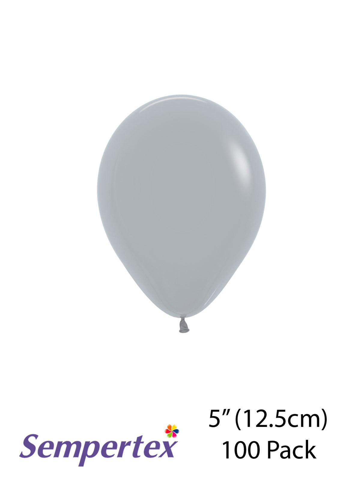 Sempertex Fashion Grey 5-inch latex balloons for decoration, shown in a pack of 100 ready for party decor.