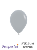 Sempertex Fashion Grey 5-inch latex balloons for decoration, shown in a pack of 100 ready for party decor.