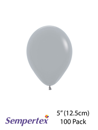 Sempertex Fashion Grey 5-inch latex balloons for decoration, shown in a pack of 100 ready for party decor.