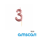 Amscan Rose Gold Number 3 Candle 6cm