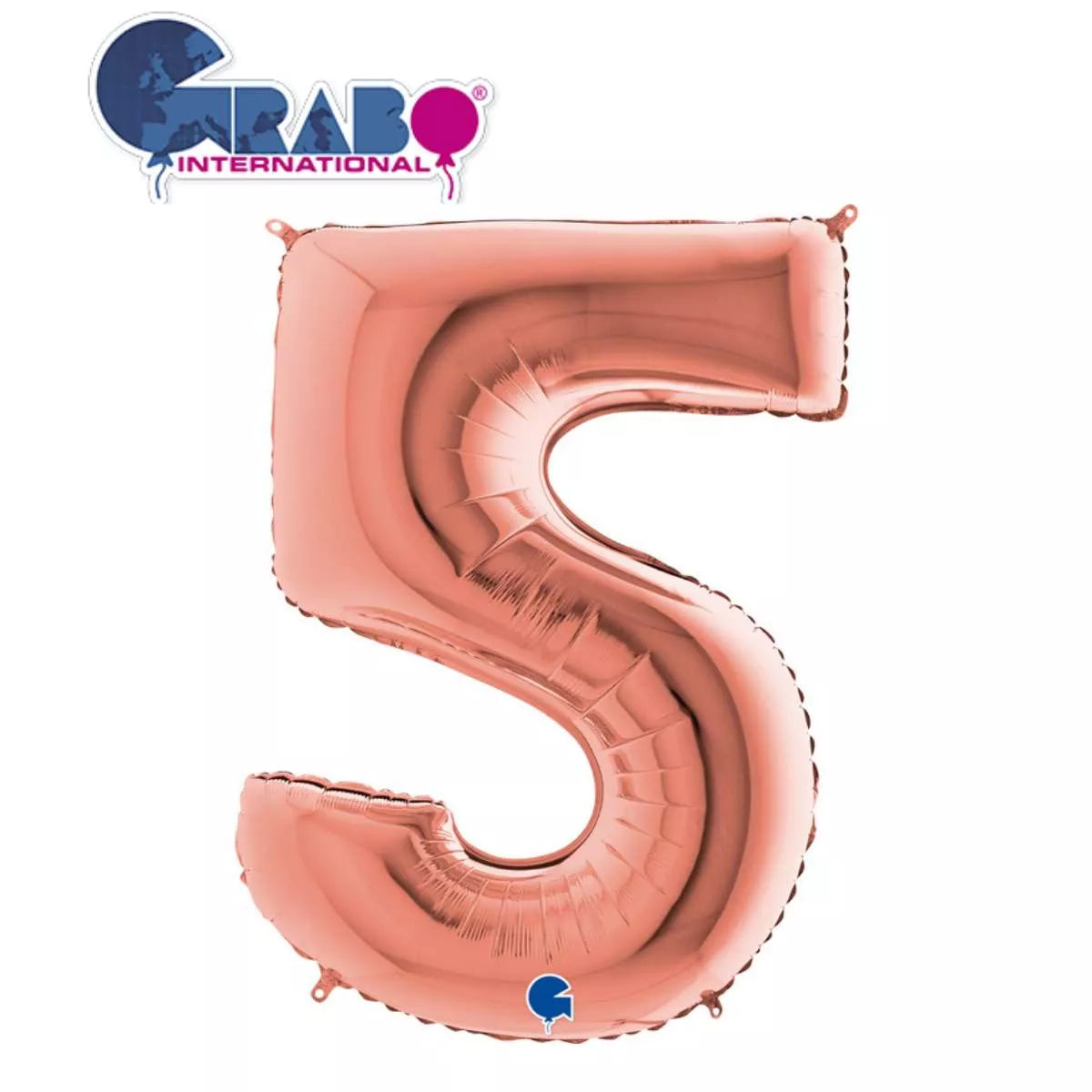 Rose gold foil balloon shaped as the number 5, 40 inches tall, by Grabo, perfect for celebrations and party decor.