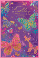 Set of six Simon Elvin C50 birthday open cards featuring colorful designs and festive illustrations.