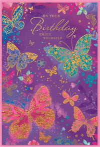 Set of six Simon Elvin C50 birthday open cards featuring colorful designs and festive illustrations.