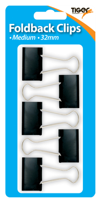 Set of five Tiger Stationery foldback clips in various sizes, used for securing papers and organizing documents.