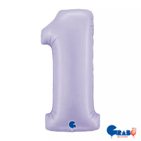 Grabo satin lilac foil balloon in the shape of the number 1, 40 inches tall, with a shiny, smooth surface.